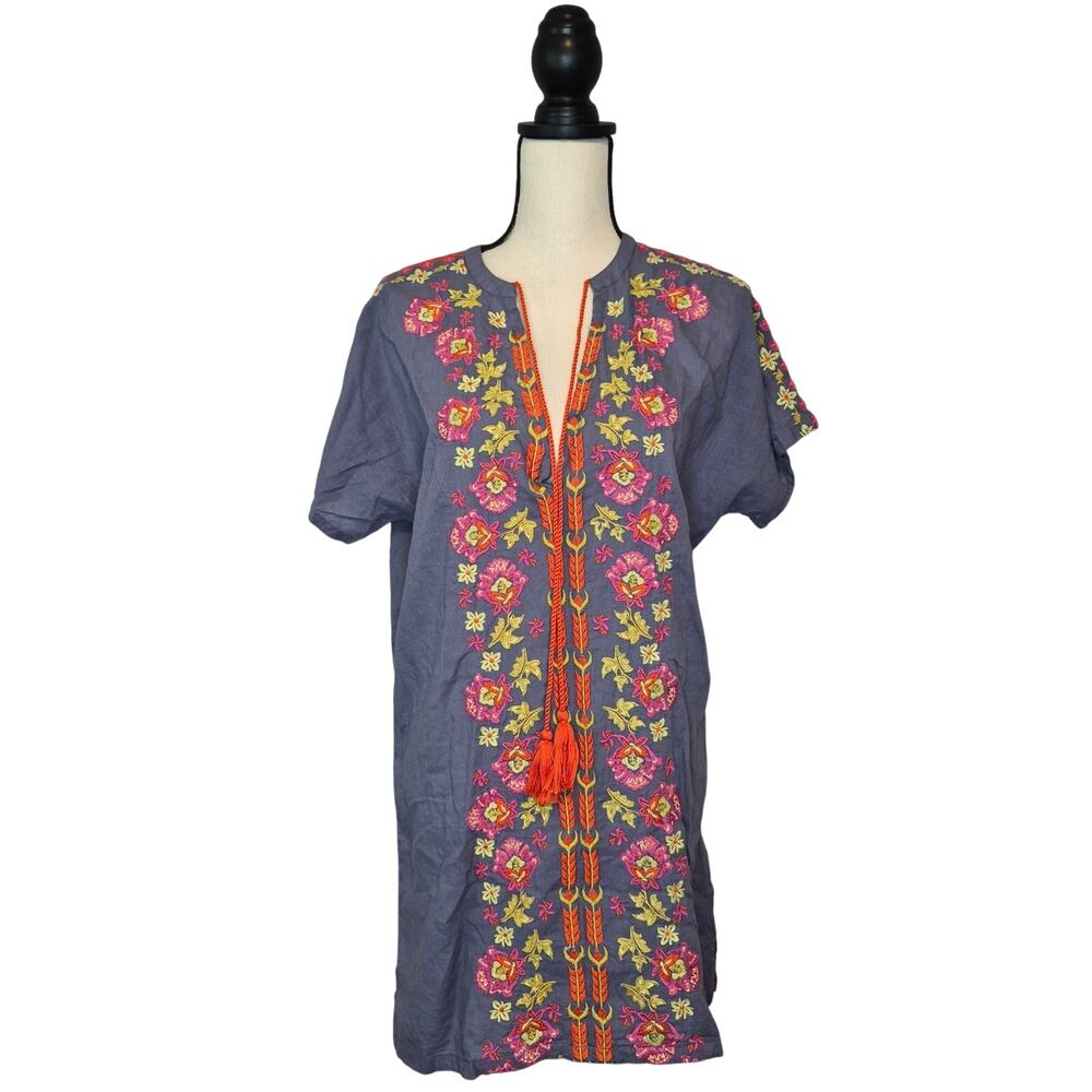 Natural Life Boho Embroidered Tassel Dress Blue Gray Floral Shift Tunic Sz  M